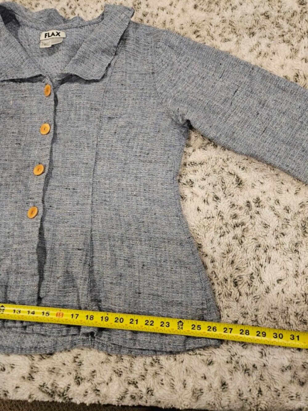 Flax 100% Linen Blue Textured Shacket Collared V-Neckline Button Down Top Blouse - Picture 9 of 9